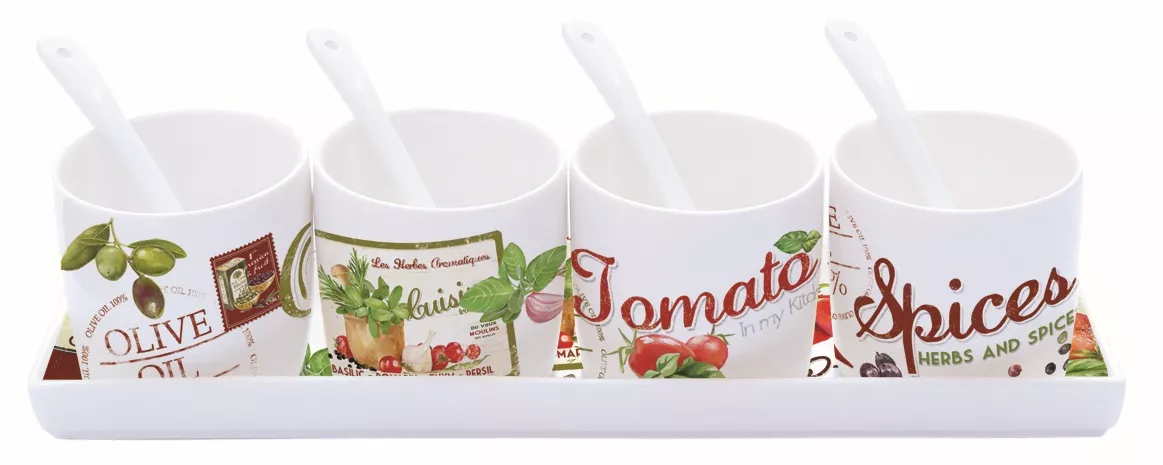 Condiment set with 4 bowls, 4 spoons and tray