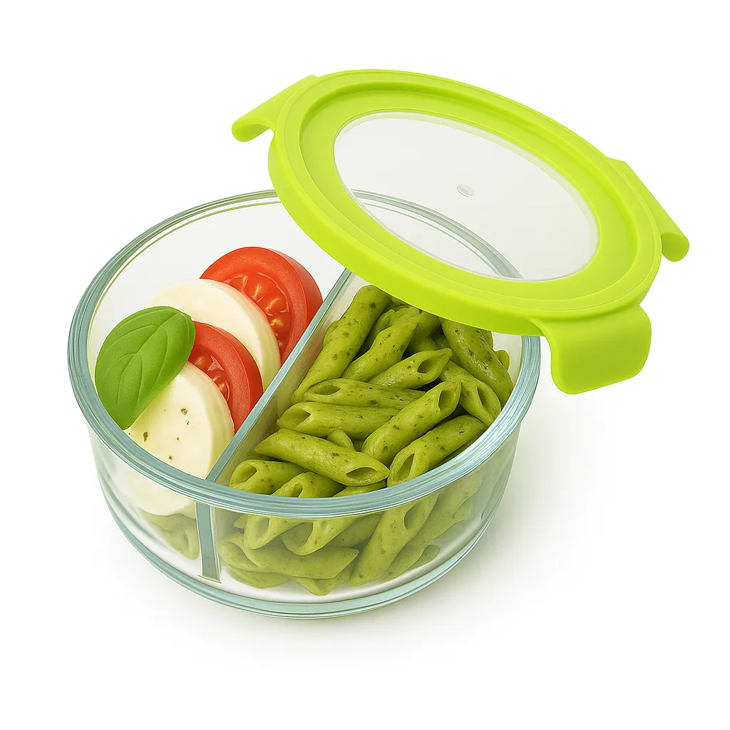 Кутия за съхранение на храни с вътрешен разделител - стъклена, кръгла.Капацитет: 1300мл. Цвят: лайм