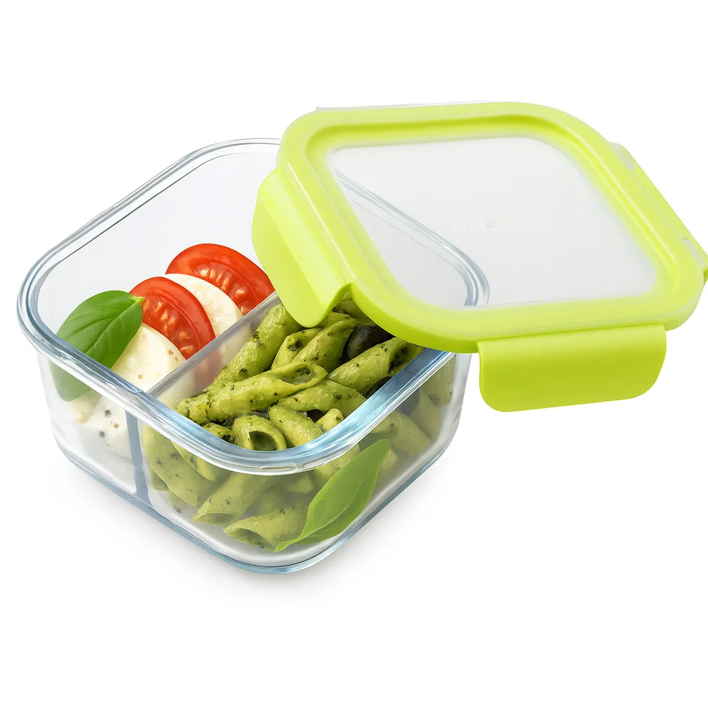 Кутия за съхранение на храни с вътрешен разделител - стъклена, квадратна. Комплект от 2бр. Капацитет: 1х310мл, 1х530мл. Цвят: лайм