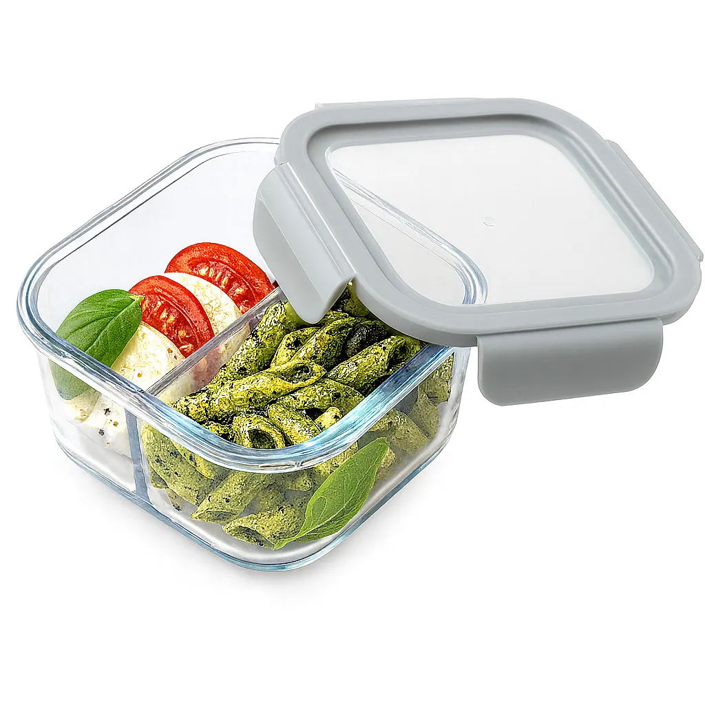 Кутия за съхранение на храни с вътрешен разделител - стъклена, квадратна. Комплект от 2бр. Капацитет: 1х310мл, 1х530мл. Цвят: сив