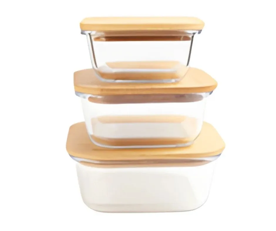Кутия за съхранение на храни - бамбуков капак, стъклена, правоъгълна. Капацитет: 370мл.