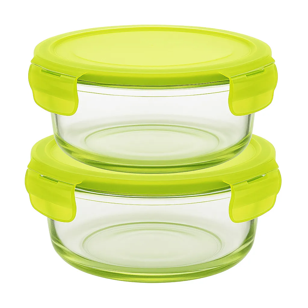 Кутия за съхранение на храни - стъклена, кръгла. Капацитет: 2х200мл. Цвят: лайм