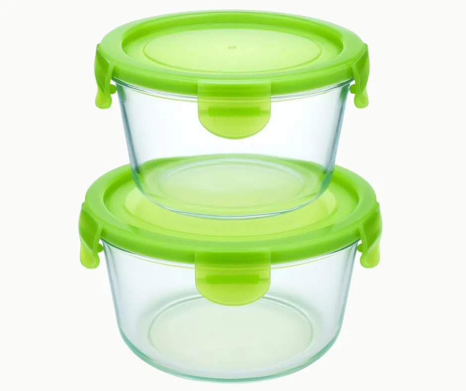 Кутия за съхранение на храни - стъклена, кръгла. Комплект от 2бр. Капацитет: 1х300мл, 1х850мл. Цвят: зелен