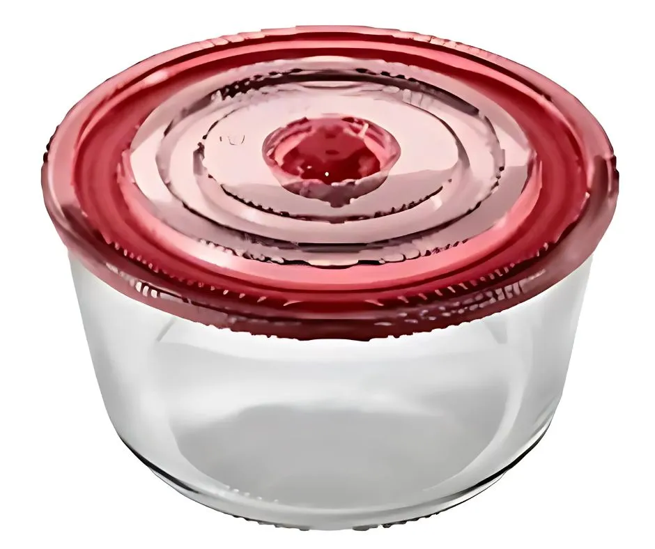 Кутия за съхранение на храни - вакуумно запечатване, стъклена, кръгла. Комплект от 2бр. Капацитет: 1х300мл, 1х850мл. Цвят: червен.