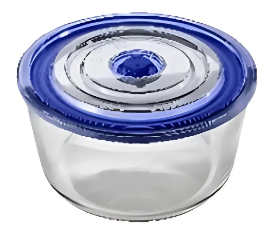 Кутия за съхранение на храни - вакуумно запечатване, стъклена, кръгла. Комплект от 2бр. Капацитет: 1х300мл, 1х850мл. Цвят: син