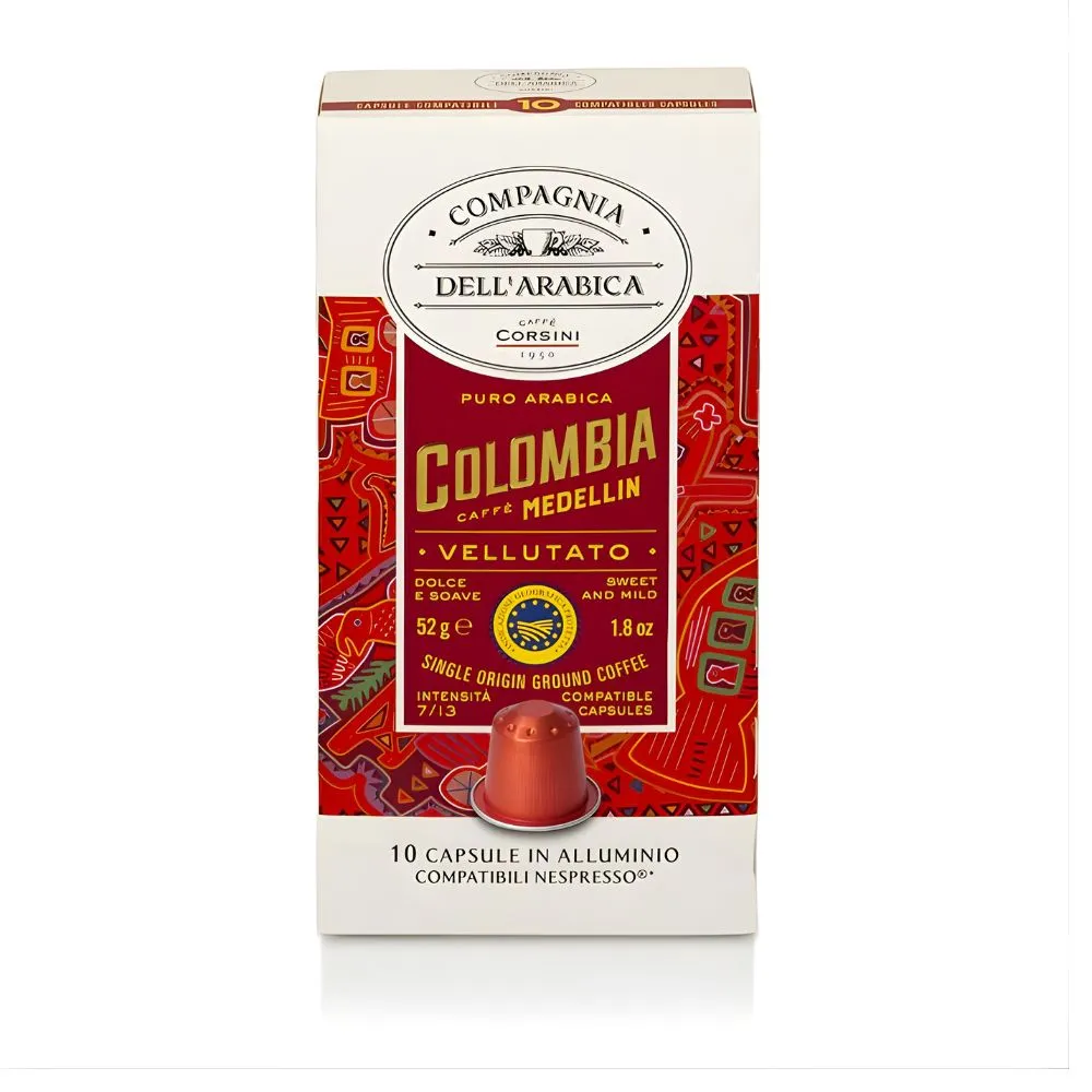 Coffee capsules – 100% Arabica. Packaging: 10 capsules. Model: Corsini Colombia
