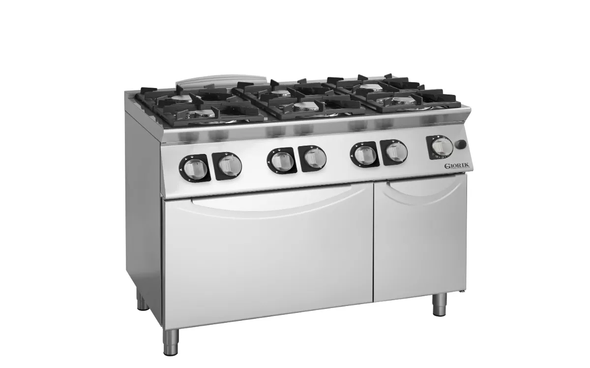 6 BURNER BASIC GAS HOB ON GAS OVEN AND CABINET